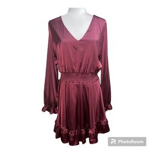 She + Sky Wine Flounce Puff Long Sleeve Dress Smocked Waistband Ruffle Trim Sz L